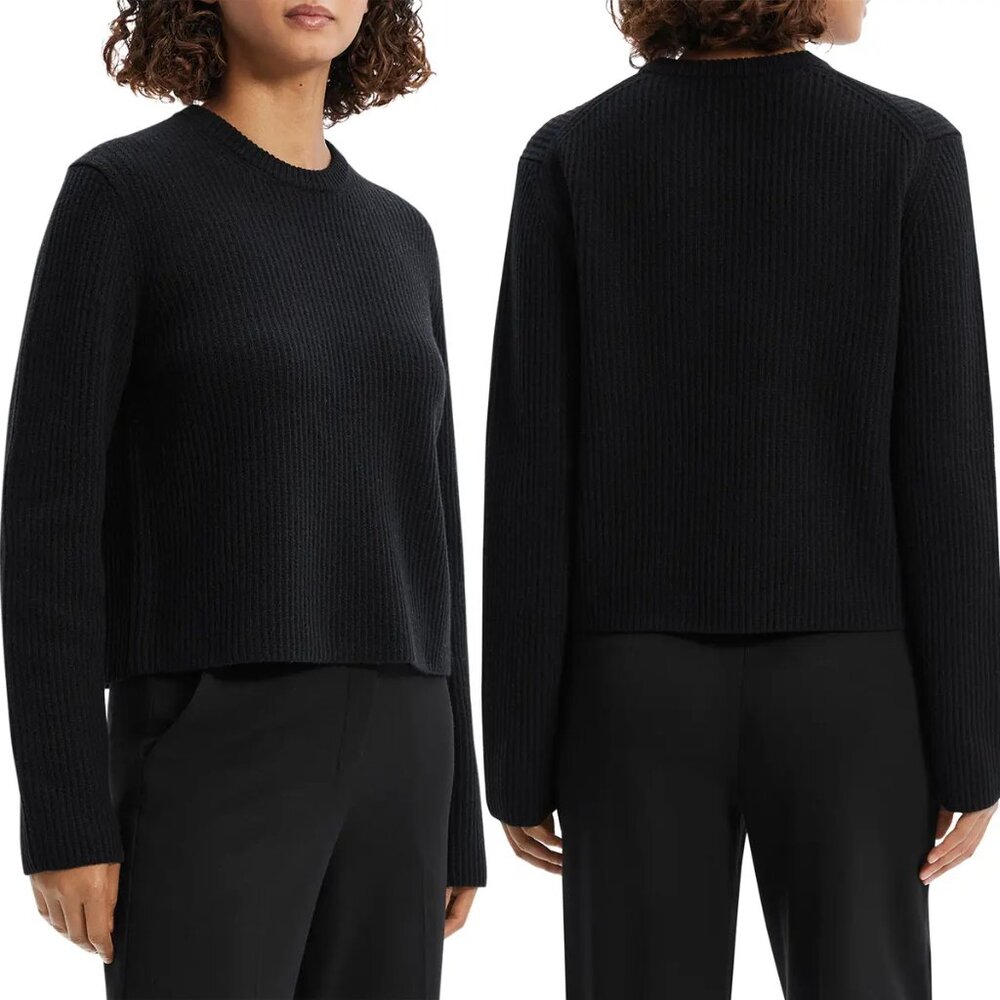 Theory Boxy Long Sleeves Felted Wool Cashmere Rib Sweater in Black Size L $425 - Picture 1 of 16